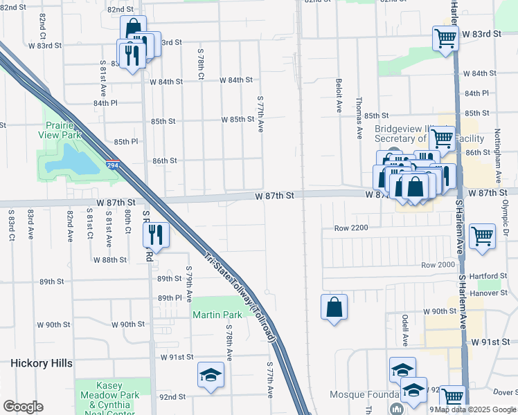 map of restaurants, bars, coffee shops, grocery stores, and more near 7701 West 87th Street in Bridgeview