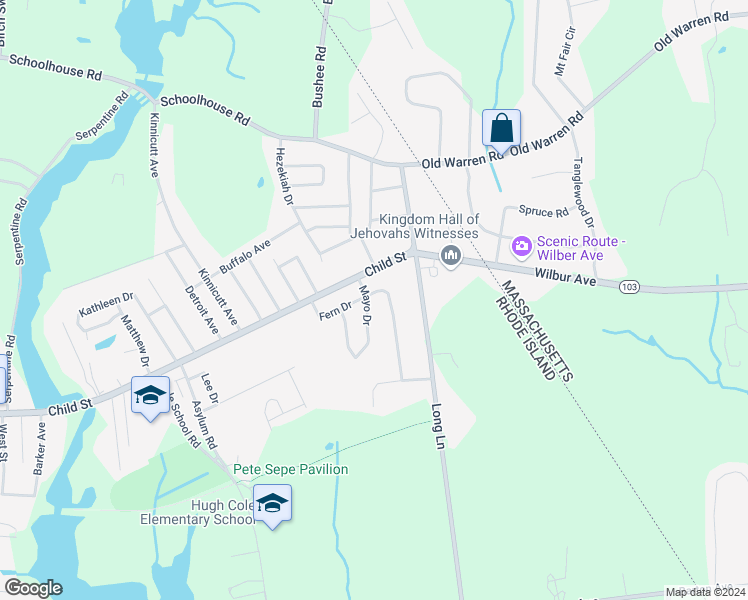 map of restaurants, bars, coffee shops, grocery stores, and more near 6 Mayo Drive in Warren