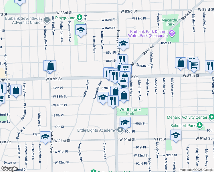 map of restaurants, bars, coffee shops, grocery stores, and more near 6424 West 87th Place in Oak Lawn