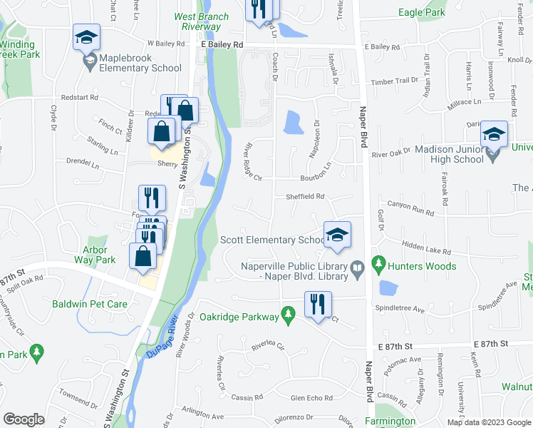 map of restaurants, bars, coffee shops, grocery stores, and more near 1925 Coach Drive in Naperville