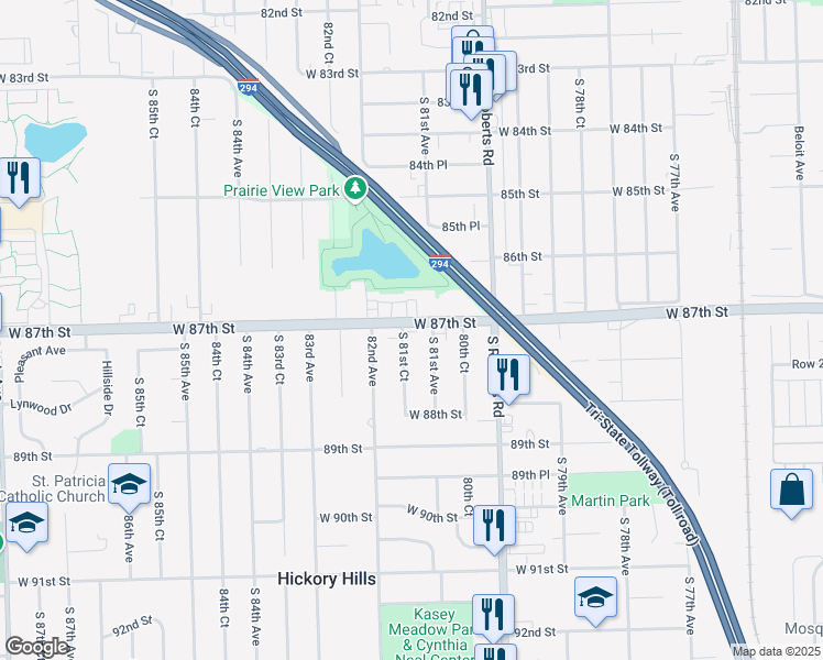 map of restaurants, bars, coffee shops, grocery stores, and more near 8701 South 81st Court in Hickory Hills