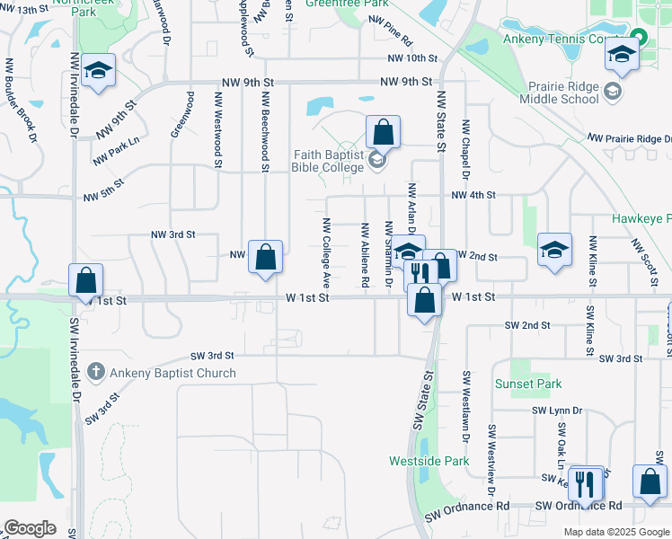 map of restaurants, bars, coffee shops, grocery stores, and more near 117 Northwest College Avenue in Ankeny