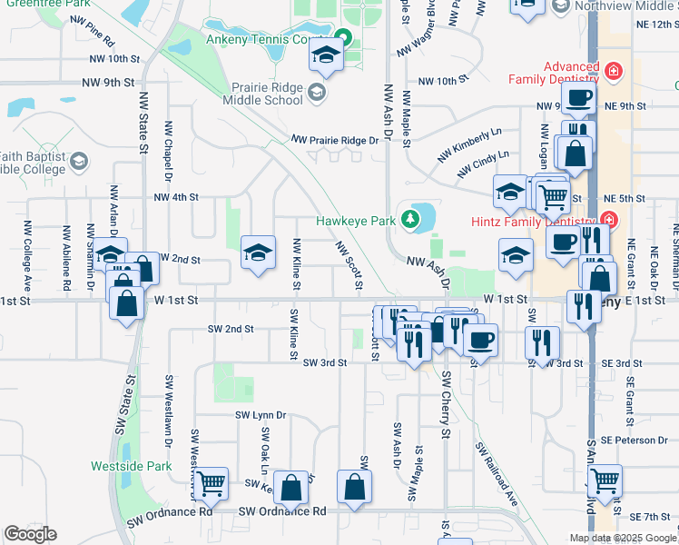 map of restaurants, bars, coffee shops, grocery stores, and more near 117 Northwest Des Moines Street in Ankeny