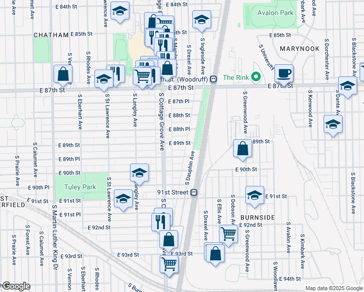 map of restaurants, bars, coffee shops, grocery stores, and more near 839 East 89th Street in Chicago