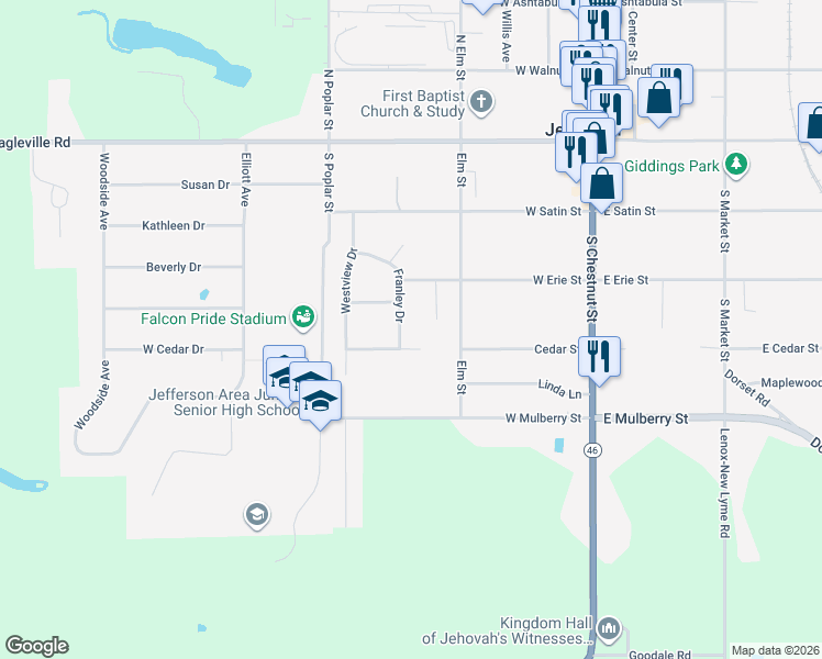 map of restaurants, bars, coffee shops, grocery stores, and more near 232 Franley Drive in Jefferson
