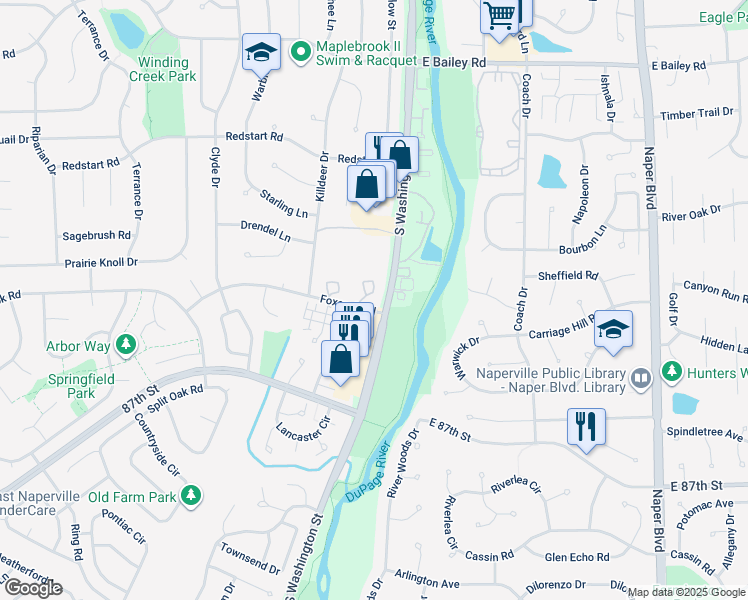 map of restaurants, bars, coffee shops, grocery stores, and more near 19 Foxcroft Road in Naperville