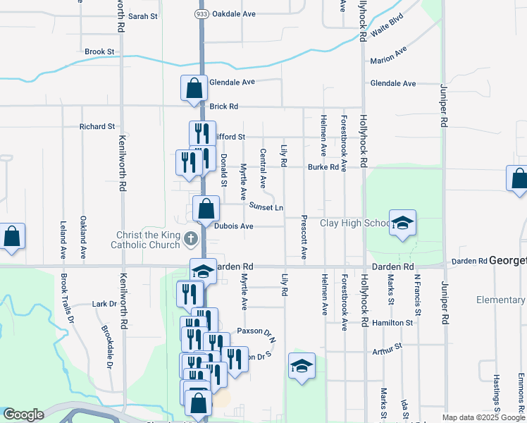 map of restaurants, bars, coffee shops, grocery stores, and more near 19572 Sunset Lane in South Bend