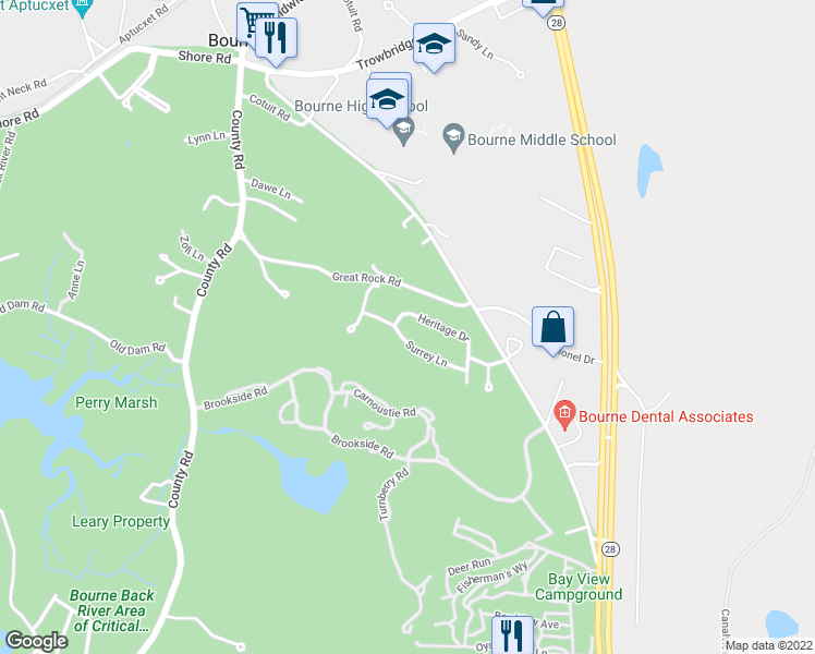 map of restaurants, bars, coffee shops, grocery stores, and more near 29 Heritage Drive in Bourne