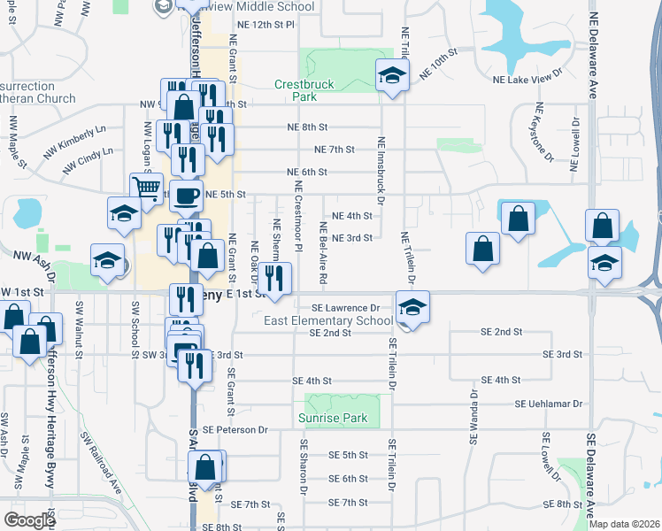 map of restaurants, bars, coffee shops, grocery stores, and more near 201 Northeast Bel-Aire Road in Ankeny