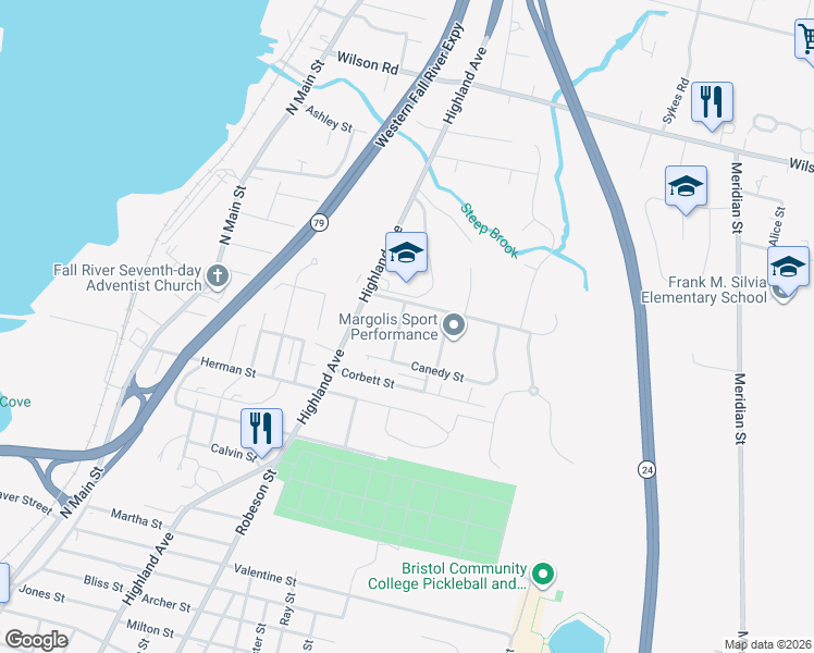 map of restaurants, bars, coffee shops, grocery stores, and more near 9 Courtney Street in Fall River