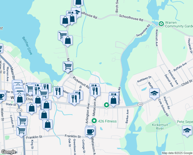 map of restaurants, bars, coffee shops, grocery stores, and more near 212 Metacom Avenue in Warren