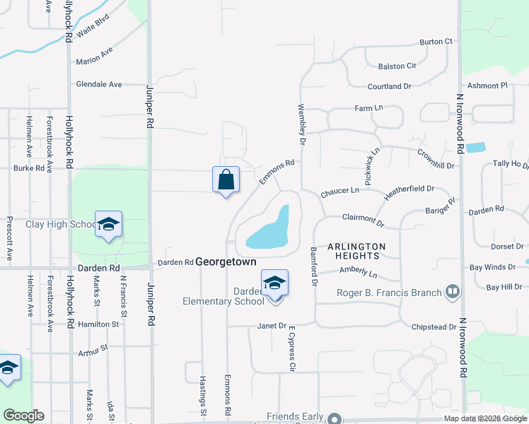 map of restaurants, bars, coffee shops, grocery stores, and more near 18627 Pauls Way in South Bend