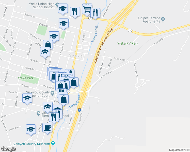 map of restaurants, bars, coffee shops, grocery stores, and more near 219 Kleaver Dr in Yreka