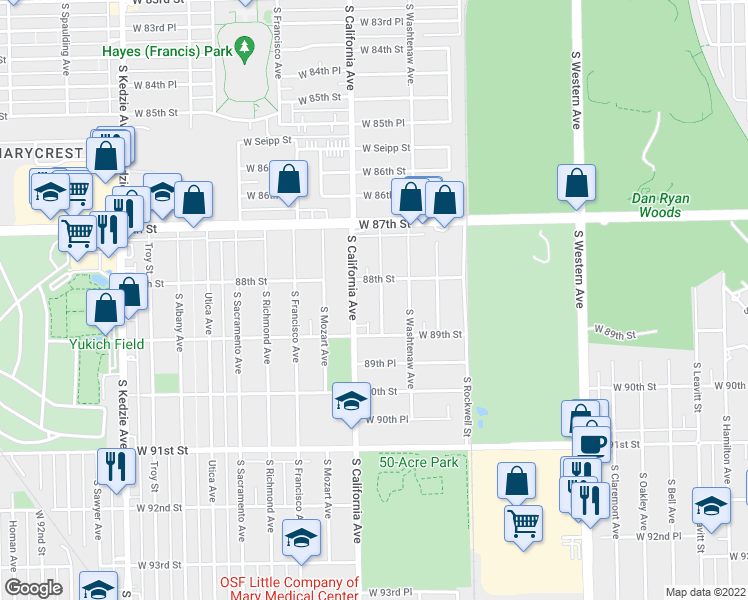 map of restaurants, bars, coffee shops, grocery stores, and more near 8822 South Fairfield Avenue in Evergreen Park