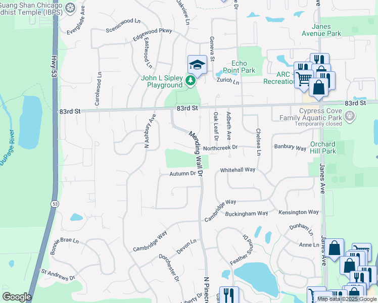 map of restaurants, bars, coffee shops, grocery stores, and more near 2909 Northcreek Drive in Woodridge