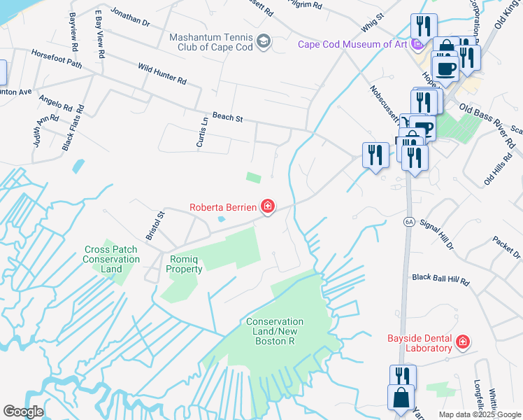 map of restaurants, bars, coffee shops, grocery stores, and more near 116 New Boston Road in Dennis