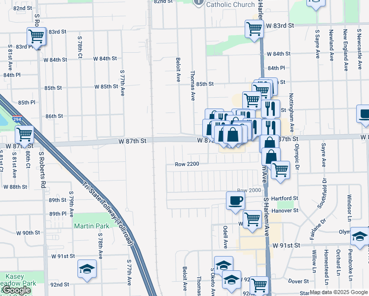 map of restaurants, bars, coffee shops, grocery stores, and more near 8800 South Harlem Avenue in Bridgeview