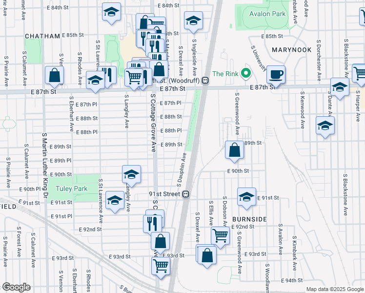 map of restaurants, bars, coffee shops, grocery stores, and more near 839 East 89th Street in Chicago