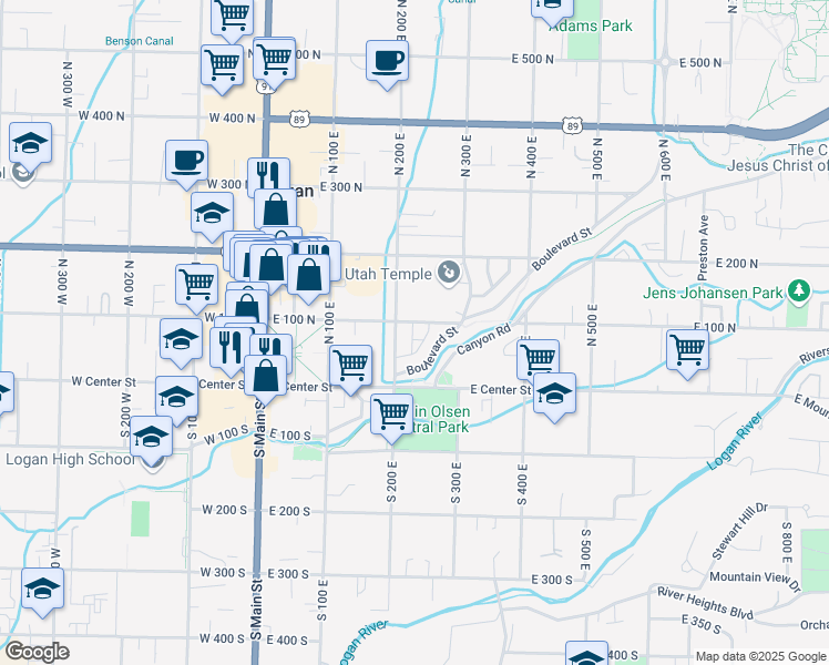 map of restaurants, bars, coffee shops, grocery stores, and more near 210 East 100 North in Logan