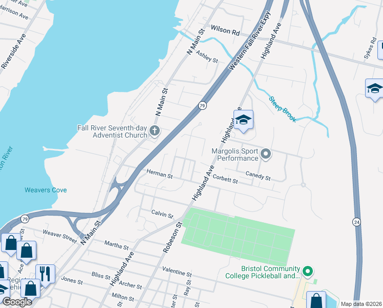 map of restaurants, bars, coffee shops, grocery stores, and more near 12 Bradley Court in Fall River