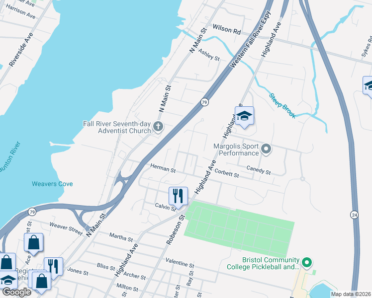 map of restaurants, bars, coffee shops, grocery stores, and more near 105 Warner Street in Fall River