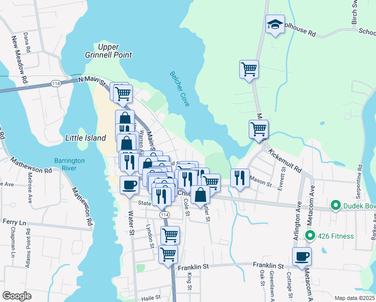 map of restaurants, bars, coffee shops, grocery stores, and more near 23 Martin Street in Warren