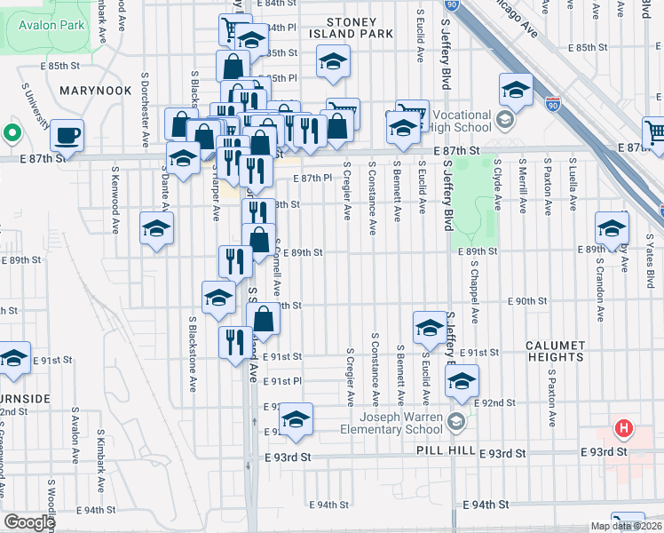 map of restaurants, bars, coffee shops, grocery stores, and more near 8906 South Ridgeland Avenue in Chicago