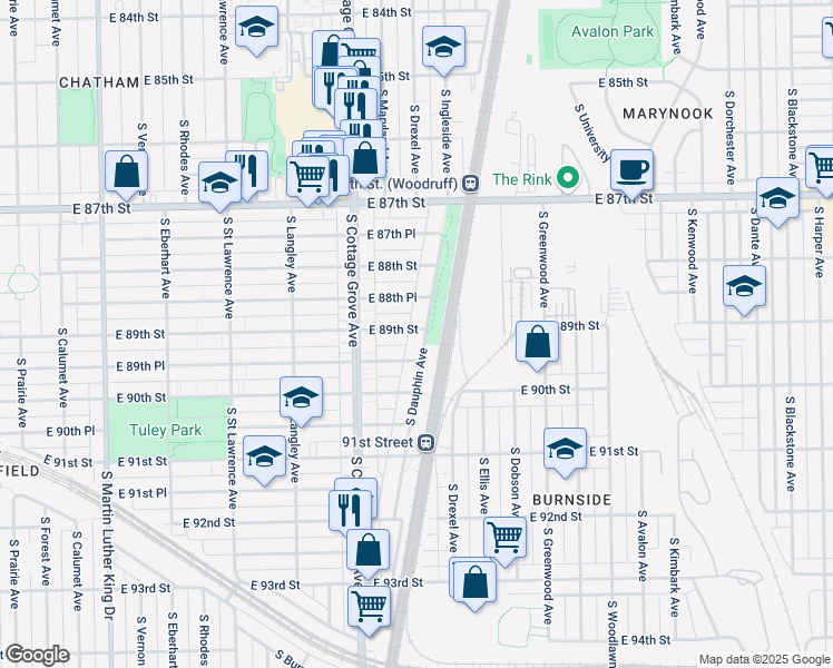 map of restaurants, bars, coffee shops, grocery stores, and more near 839 East 89th Street in Chicago