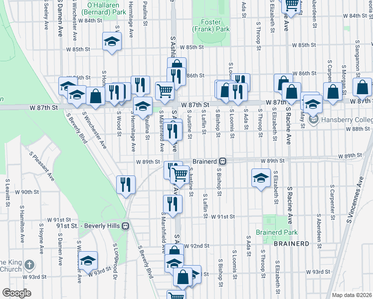 map of restaurants, bars, coffee shops, grocery stores, and more near 8831 South Justine Street in Chicago