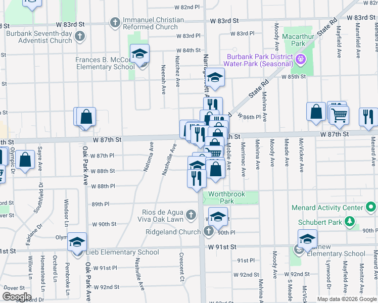 map of restaurants, bars, coffee shops, grocery stores, and more near 6424 West 87th Place in Oak Lawn