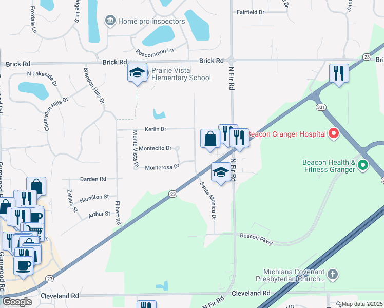 map of restaurants, bars, coffee shops, grocery stores, and more near 52415 Santa Monica Drive in Granger
