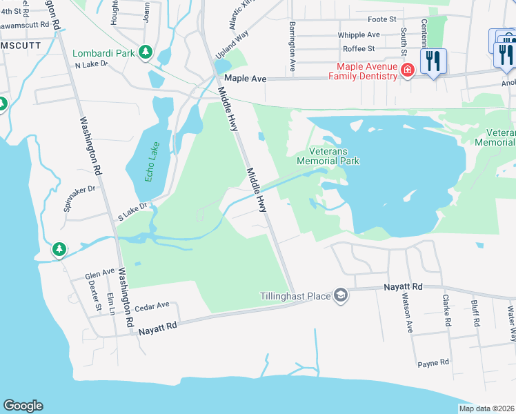 map of restaurants, bars, coffee shops, grocery stores, and more near 485 Middle Highway in Barrington