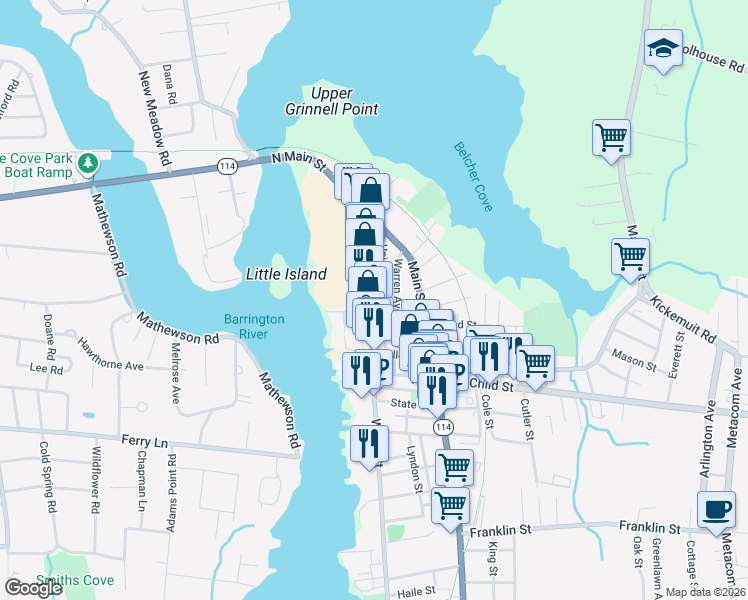 map of restaurants, bars, coffee shops, grocery stores, and more near 64 Union Street in Warren