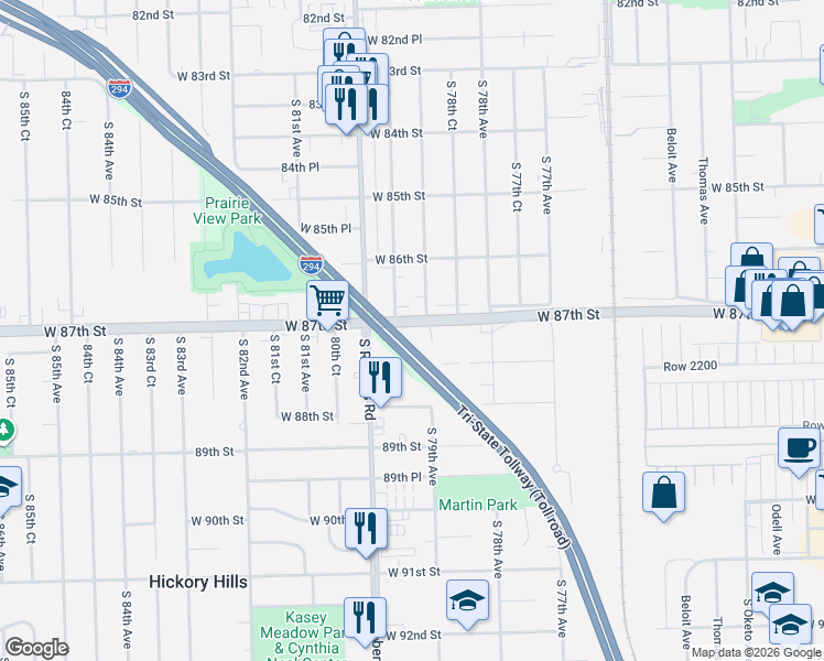 map of restaurants, bars, coffee shops, grocery stores, and more near 7859 West 87th Street in Bridgeview