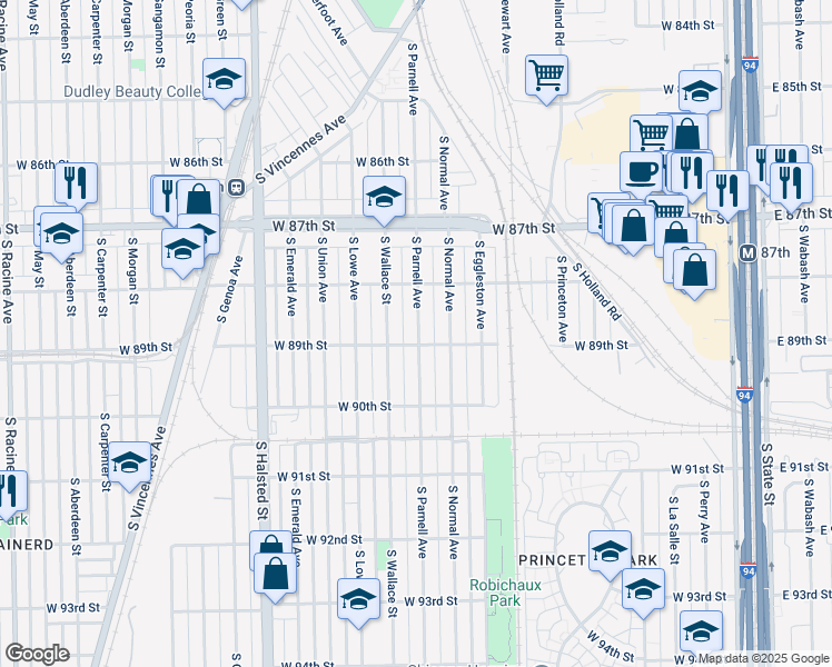 map of restaurants, bars, coffee shops, grocery stores, and more near 8848 South Parnell Avenue in Chicago