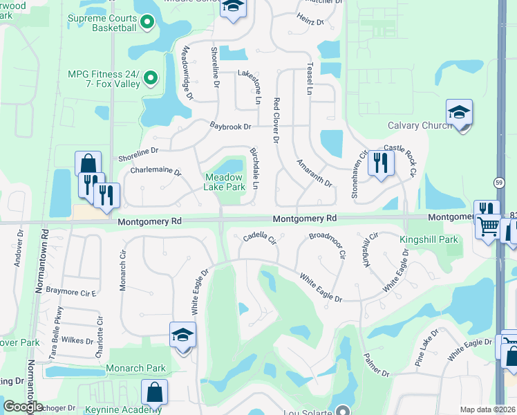 map of restaurants, bars, coffee shops, grocery stores, and more near 1246 Birchdale Lane in Aurora