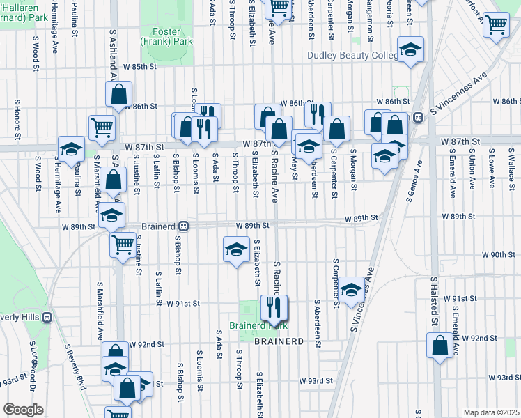 map of restaurants, bars, coffee shops, grocery stores, and more near 8841 South Elizabeth Street in Chicago