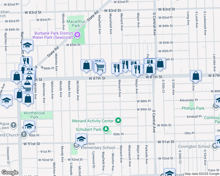 map of restaurants, bars, coffee shops, grocery stores, and more near 5815 West 87th Place in Oak Lawn