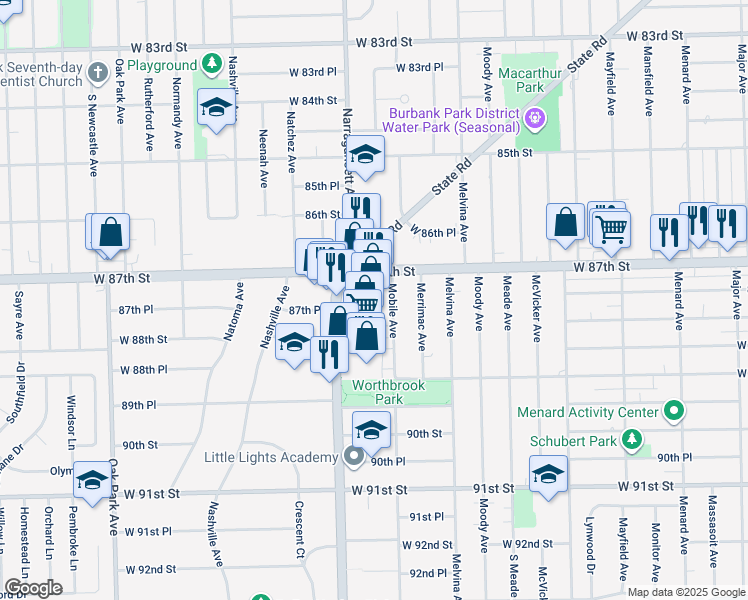 map of restaurants, bars, coffee shops, grocery stores, and more near 8729 Ridgeland Avenue in Oak Lawn