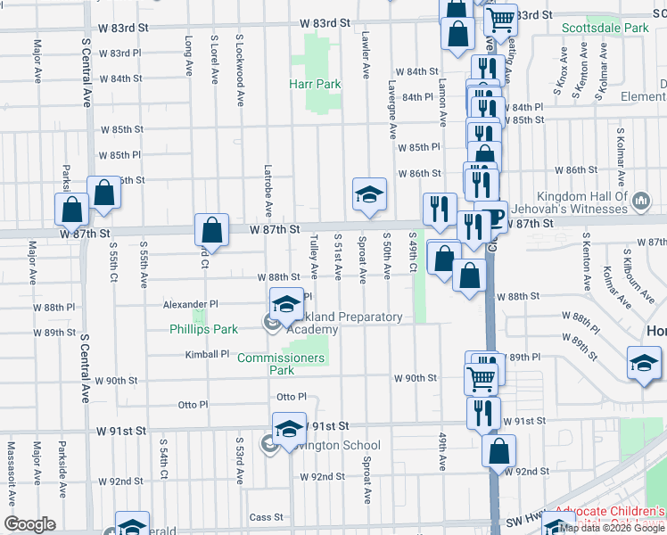 map of restaurants, bars, coffee shops, grocery stores, and more near 8736 South 51st Avenue in Oak Lawn