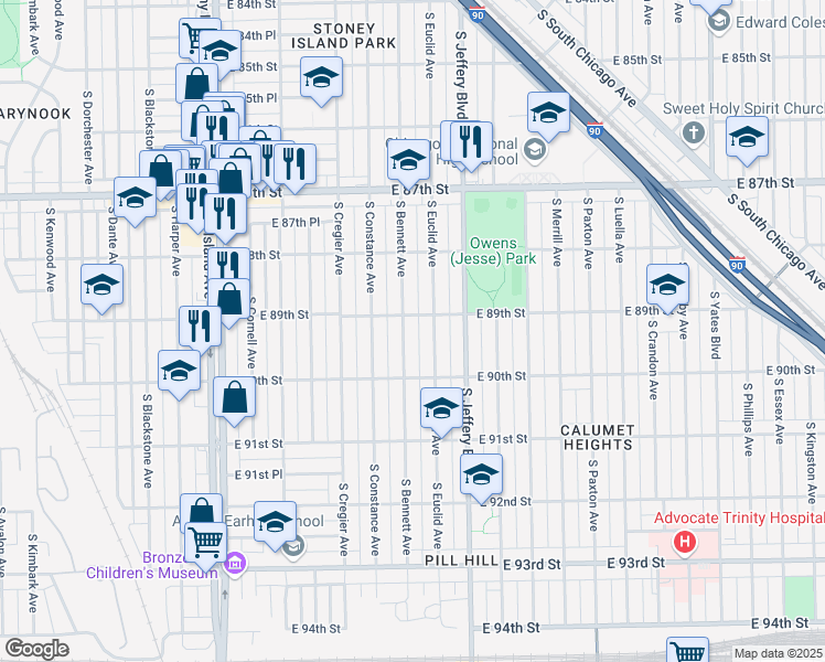 map of restaurants, bars, coffee shops, grocery stores, and more near 8913 South Bennett Avenue in Chicago