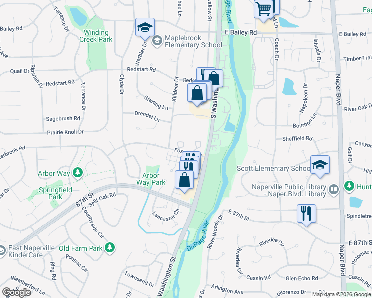 map of restaurants, bars, coffee shops, grocery stores, and more near 35 Foxcroft Road in Naperville