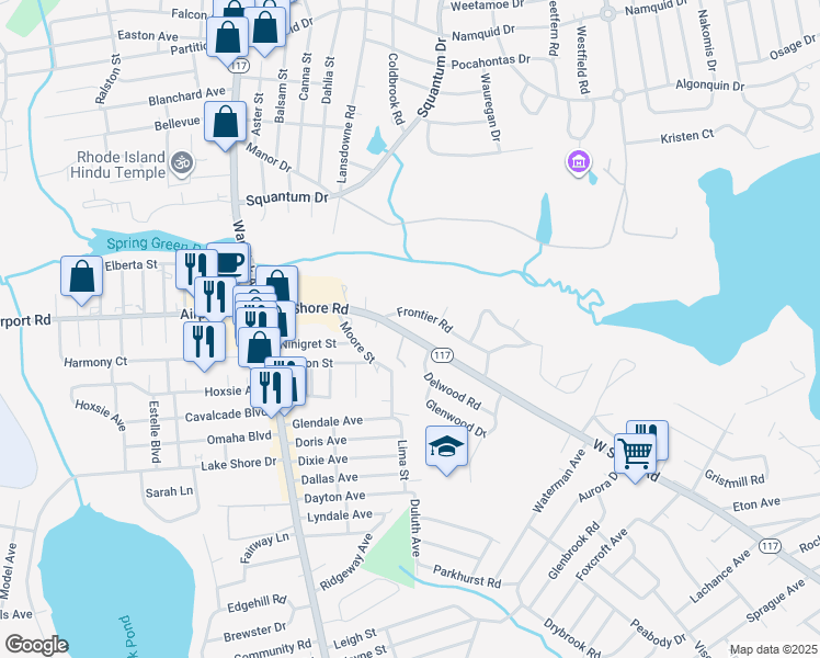 map of restaurants, bars, coffee shops, grocery stores, and more near 156 West Shore Road in Warwick