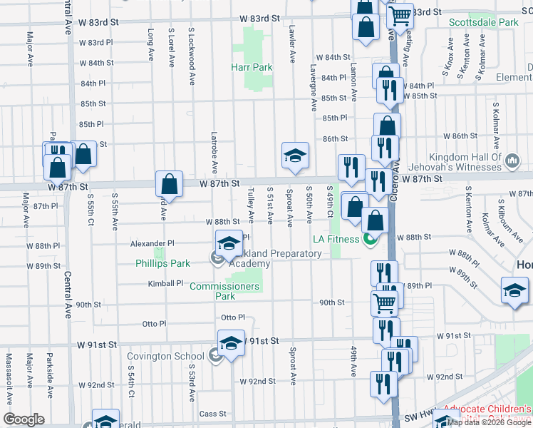 map of restaurants, bars, coffee shops, grocery stores, and more near 8736 South 51st Avenue in Oak Lawn