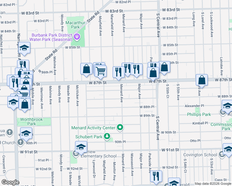map of restaurants, bars, coffee shops, grocery stores, and more near 5815 West 87th Place in Oak Lawn