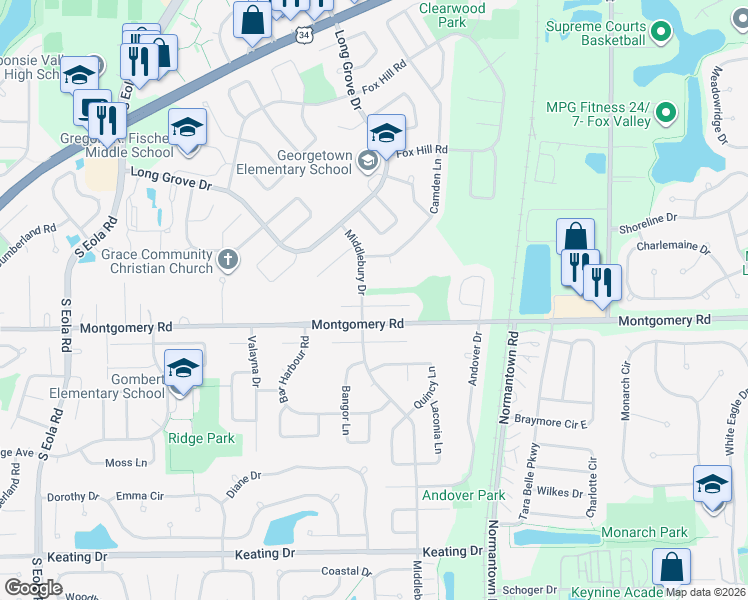 map of restaurants, bars, coffee shops, grocery stores, and more near 3105 Winchester Court East in Aurora
