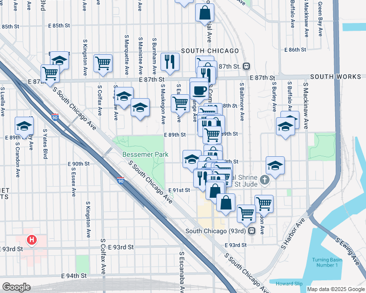 map of restaurants, bars, coffee shops, grocery stores, and more near 8925 South Escanaba Avenue in Chicago