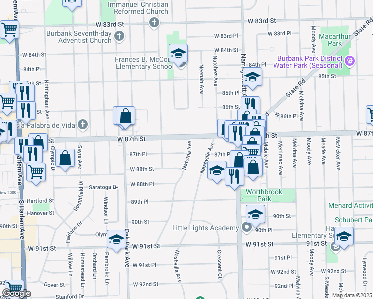 map of restaurants, bars, coffee shops, grocery stores, and more near 6600 West 87th Place in Oak Lawn