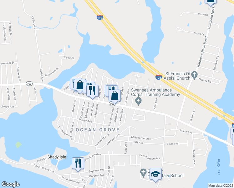 map of restaurants, bars, coffee shops, grocery stores, and more near 54 Macomber Avenue in Swansea