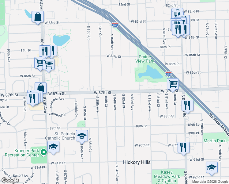 map of restaurants, bars, coffee shops, grocery stores, and more near 8700 South 84th Avenue in Hickory Hills